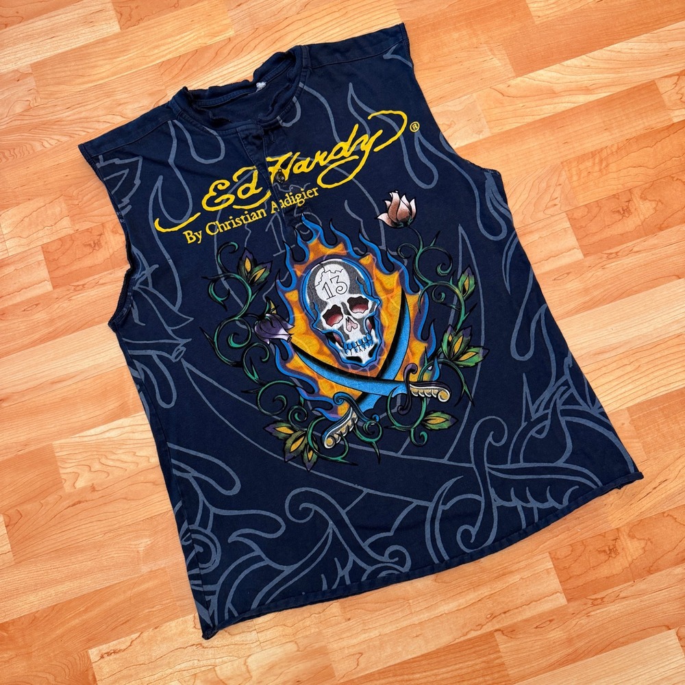 Ed Hardy Christian Audigier Men Black Skull 13 Graphic Sleeveless Henley Shirt